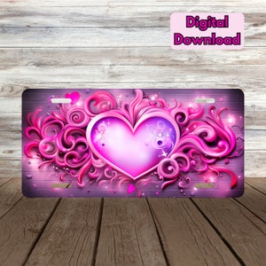 May include: A pink and purple heart with swirls and glitter on a purple background.  The heart is surrounded by a decorative border of swirls and glitter.  The background is a brick wall.