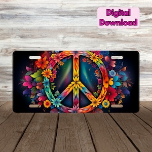 May include: A colorful peace sign surrounded by a wreath of vibrant flowers on a black background. This design is perfect for a license plate.