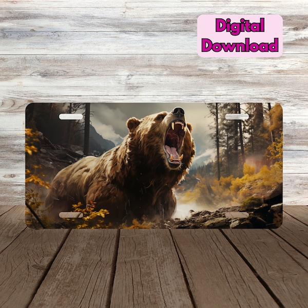 Grizzly Bear License Plate PNG, Hunting License Plate Sublimation Design PNG, Brown Bear Hunting Digital Download PNG, Hunting Car License