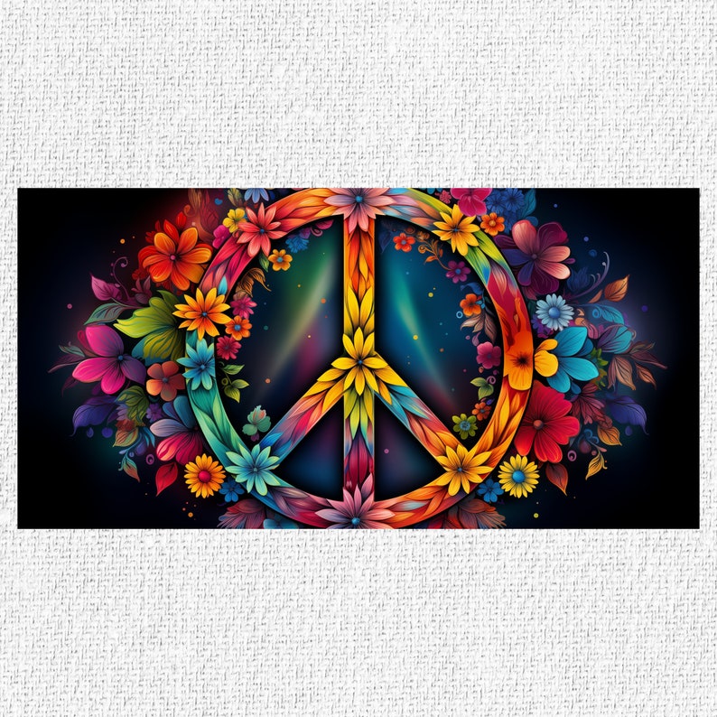 May include: A colorful peace sign surrounded by a wreath of vibrant flowers. The peace sign is yellow, blue, and green, while the flowers are red, orange, pink, purple, and blue.