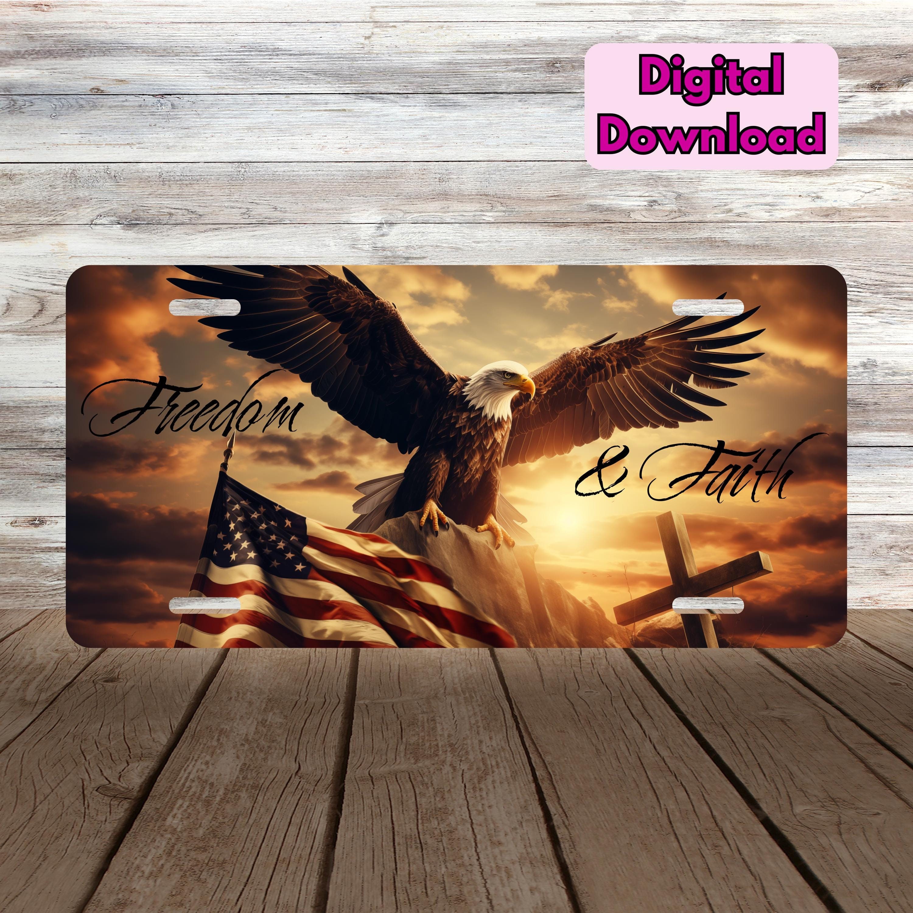 3D Fierce Eagle Diamond Etched American License Plate – Black Aluminum, USA Patriotic Car Tag