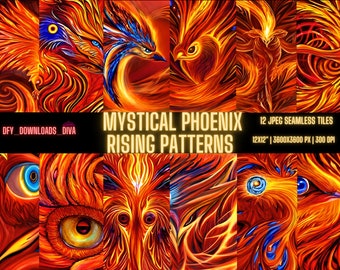 MYSTICAL PHOENIX RISING Digital Paper| Seamless| High-Res| 12x12 Patterns For Creatives| Instant Download Images| Patterns For Everything!