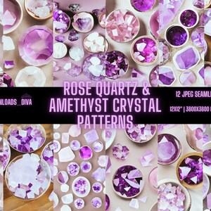 May include: Twelve seamless digital paper patterns featuring pink rose quartz and purple amethyst crystals in various shapes and sizes. The crystals are arranged in bowls and scattered on a light background. The text "ROSE QUARTZ & AMETHYST CRYSTAL PATTERNS" is displayed in the center of the image.