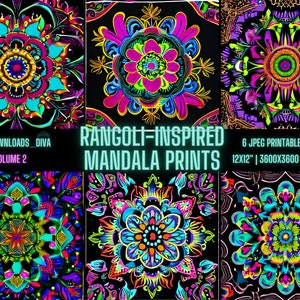 May include: Six printable digital images of colourful mandalas inspired by rangoli art. Each mandala is 12 inches by 12 inches and has a resolution of 3600 pixels by 3600 pixels at 300 DPI.