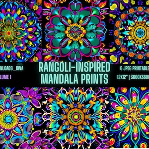 May include: Six colourful digital mandala prints inspired by rangoli art. Each print is 12x12 inches and 3600x3600 pixels at 300 DPI.