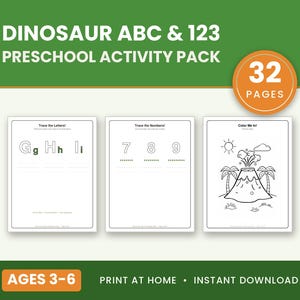 Cuaderno de ejercicios preescolares de dinosaurios ABC 123 / Trazado de letras y números en PDF (Edades 3-5)