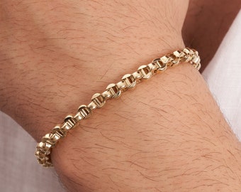 14K Solid Gold Round Oval Chain Bracelet for Men, Stackable Link Bracelet, Thick Rolo Chain Bracelet, Stacking Everyday Mens Jewelry