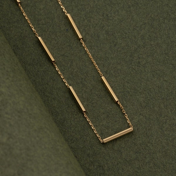 14K Solid Gold Bar Station Kettenhalskette für Männer, Echt Gold Herren Station Kettenhalskette, alltägliche Halskette Männer Halskette