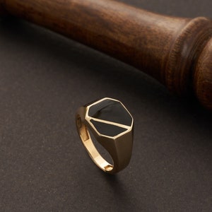 14K Solid Gold Black Enamel Signet Ring For Men, Handmade Signet Ring, Best Gift for Husband & Boyfriend, Men's Gold Square Signet Ring