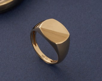 14K Solid Gold Matte & gepolijste zegelring voor mannen, handgemaakte glanzende zegelring, beste cadeau voor man-vriendje, echte gouden herenringen