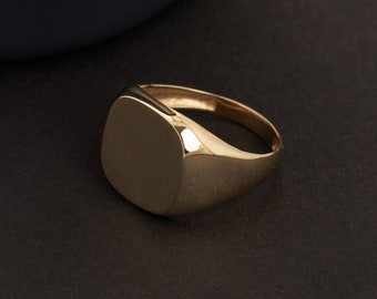 Anillo de sello pulido liso de oro macizo de 14K para hombres, anillo de sello brillante hecho a mano, el mejor regalo para esposo y novio, anillos de oro real para hombres