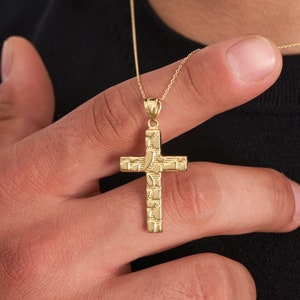 14K Solid Gold Nugget Texture Cross Necklace for Men, Real Gold Cross Pendant Cable Chain, Gift for Boyfriend, Christian Jewelry