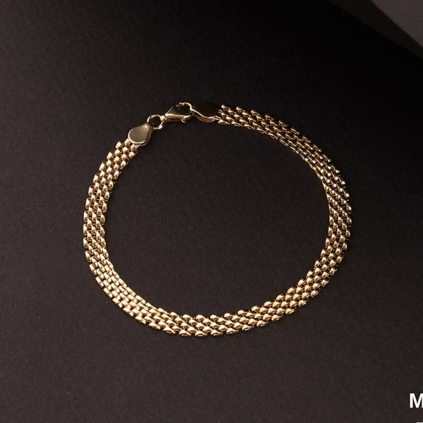 14K Real Solid Gold Bismarck Chain Bracelet for Men and Women, Unisex Bismark Bracelet, Flat Link Bizmark Snake Bracelet