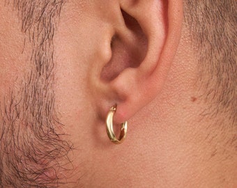 14K Solid Gold Hoop Earrings for Men, Thick Huggie Sleeper Earrings, 10mm 15mm, Handmade Men Jewelry, Dainty Hoops For Men, Anniversary Gift