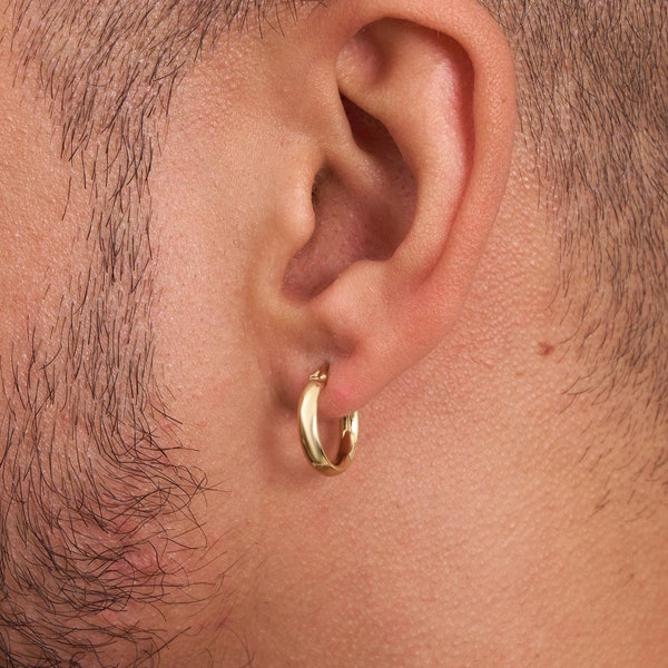 Créoles en or massif 14 carats pour homme, boucles d'oreilles épaisses Huggie Sleeper, 10 mm 15 mm, bijoux pour homme faits main, créoles délicats pour homme, cadeau d'anniversaire