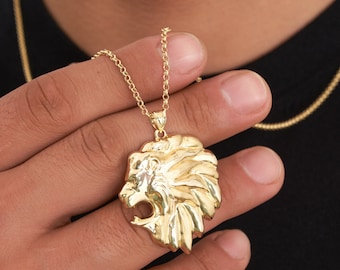 14K Solid Gold Lion Head Necklace for Men, Animal Pendant Necklace, Daily Large Lion Symbol, Handmade Animal Jewelry with Rolo Chain