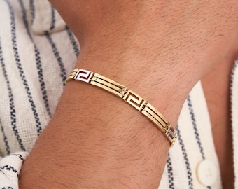 14K Solid Gold Greek Key Bracelet for Men, Real Gold Bangle, Classic Men's Bracelet, Handmade Men's Jewelry, Waterproof Gold Bracelet Men