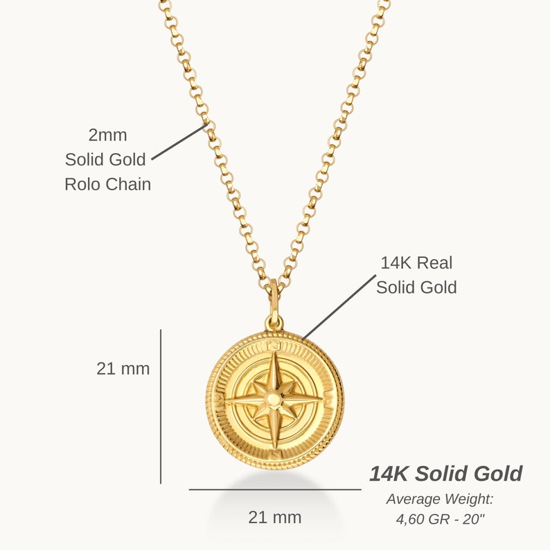 14K Solid Gold Compass Necklace for Men, Graduation Gift Unisex, North