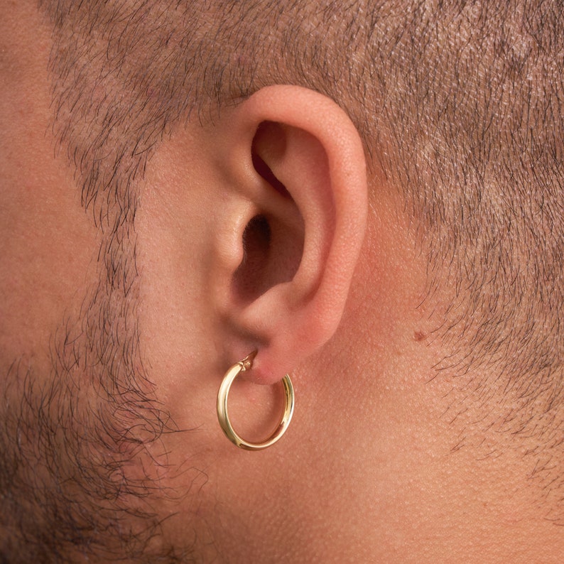 14K Solid Gold Hoop Earrings for Men, Thick Huggie Sleeper Earrings, 10mm 15mm, Handmade Men Jewelry, Dainty Hoops For Men, Anniversary Gift image 5