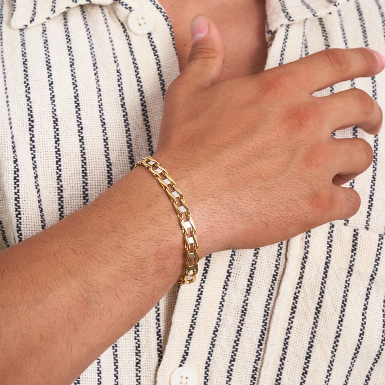 14K Solid Gold Classic Bracelet for Men, Stackable Stylish Link