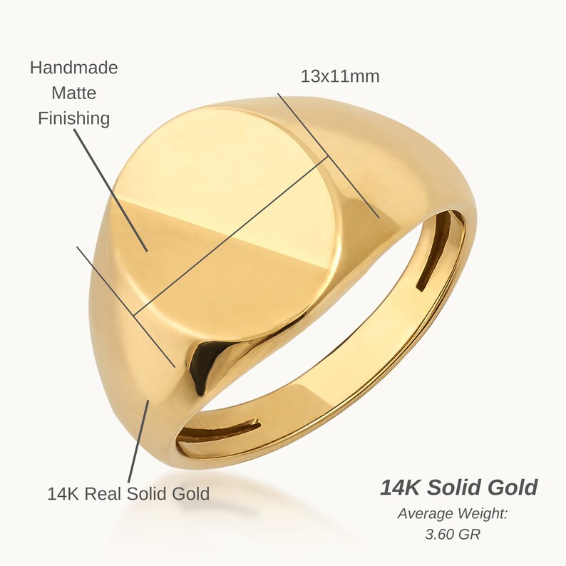 14K Solid Gold Matte & Polished Oval, Round Ring for Men