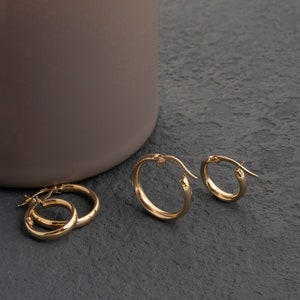 14K Solid Gold Hoop Earrings for Men, Thick Huggie Sleeper Earrings, 10mm 15mm, Handmade Men Jewelry, Dainty Hoops For Men, Anniversary Gift image 2