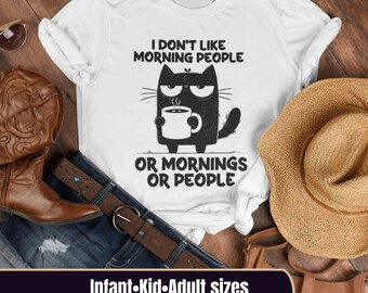 「朝の人が好きじゃない」または「朝や人が好き」猫Tシャツ、面白い猫のスウェットシャツ、猫の飼い主への贈り物、家族お揃いのTシャツ