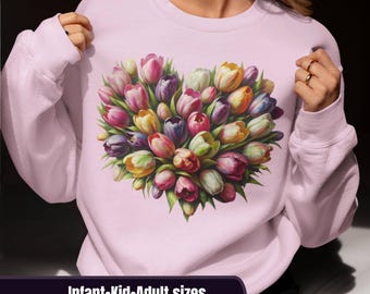 Oil painting of Tulips in heart shape sweatshirt, Botanical floral gift tee, spring flowers bouquet tee, mother's day gift, gardener gift