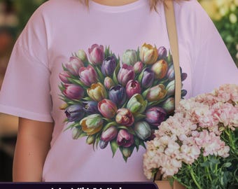Oil painting of Tulips in heart shape tshirt, Botanical floral gift sweatshirt, spring flowers bouquet tee, mother's day gift, gardener gift