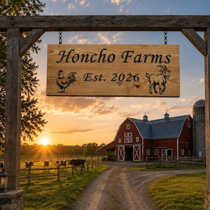 May include: A rectangular wooden sign suspended from a rustic timber frame, featuring the text Honcho Farms and Est. 2026, accompanied by black illustrations of a rooster and a goat, positioned over a gravel driveway leading to a red barn.