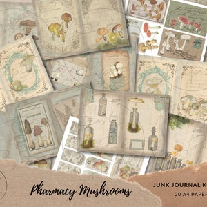 kit de journal indésirable vintage pharmacie champignons | Pages éphémères et albums imprimables | Papier d'apothicaire numérique antique