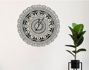 Mandala clock, Wood clock, Painted clock, Black clock, White clock, Wall clock, Boho wall clock, Mandala wall clock, Unique clock,Rare clock