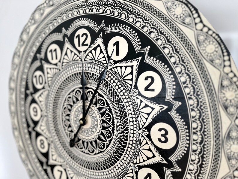 Mandala Clock, Wood Clock, Painted Clock, Black Clock, White Clock
