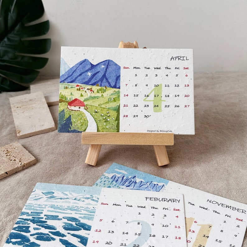 Plantable Desk Calendar 2025 With Landscape Paintings, 2025 Desk