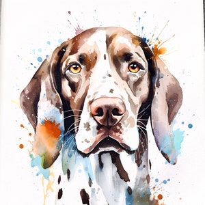 May include: Watercolour painting of a brown and white dog with brown eyes. The dog is surrounded by colourful watercolour splatters.