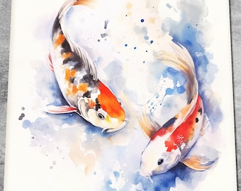 May include: Watercolor painting of two koi fish swimming in a blue and white abstract background. The fish are orange, white, and black.