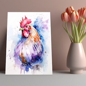 Farm Animal Canvas Art - Watercolour Rooster Art Print - Country Life Chicken Painting - Art for Kitchen Farmhouse - Print or Canvas