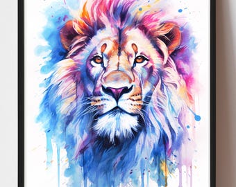 Large Lion Wall Art Print - Modern Safari Animal Painting - Vibrant Wildlife Portrait - Statement Canvas or Paper Poster