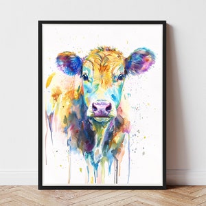 Baby Cow Art Print - Calf Watercolour Farm Painting - Rustic Country Animal Art - Colorful Cow Art Print - Farmhouse Decor - Print or Canvas