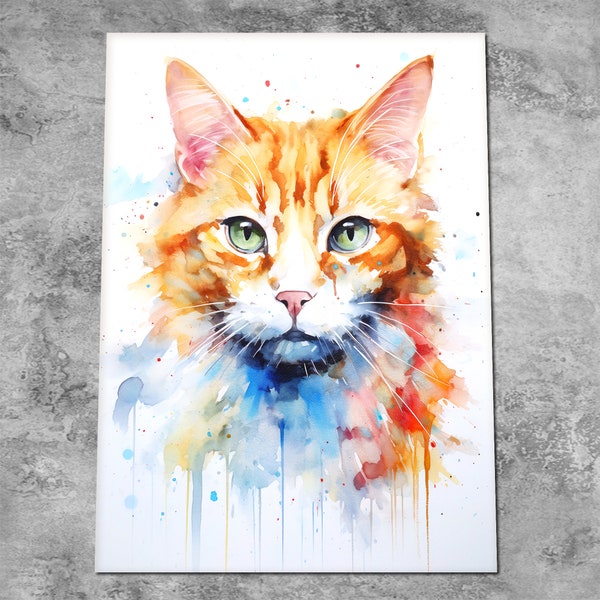 Ginger and White Cat Art Print - Watercolor Kitten Painting - Colorful Splash Cat Art Portrait - Splatter Paint Wall Decor - Cat Mad Gift