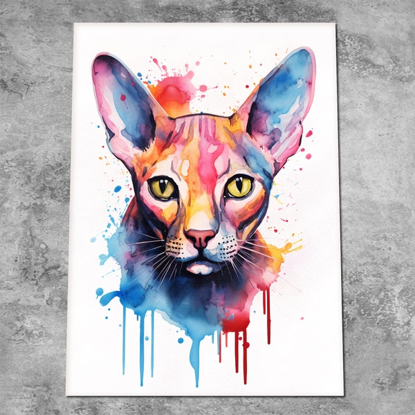 Sphynx Cat Art Print, Watercolor Hairless Kitten Painting, Colourful Splash Cat Art Portrait, Splatter Paint Wall Decor, Gift for Cat Lovers