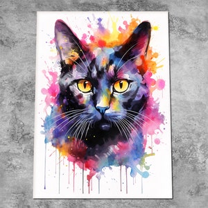 Black Cat Painting Print - Watercolor Kitten Art - Colourful Splash Cat Art Portrait - Splatter Paint Wall Decor - Gift for Cat Lovers