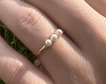 Gold Pearl Ring 14K Solid Gold Minimalist Ring for Women Gift for Her Birthday Real Gold Statement Ring Gifts For Couple Gold Christmas Gift