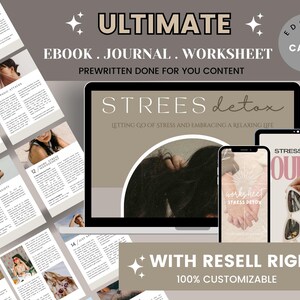 Könnte beinhalten: Ein digitales Produktpaket für Stressmanagement, bestehend aus einem Laptop, einem Telefon und einem Tablet, auf denen ein Journal-Cover mit dem Text "Stress Detox Journal" angezeigt wird. Das Paket beinhaltet ein E-Book, ein Journal und ein Arbeitsblatt mit vorgegebenem Inhalt. Die Texte "Ultimate" und "With Resell Right" sind ebenfalls sichtbar.