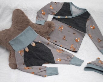 3-tlg Bekleidungs Set, Baby, Kleinkind, Gr:86/92  *Waldtiere* (Langarmshirt mit Hose und Knotenmütze ).