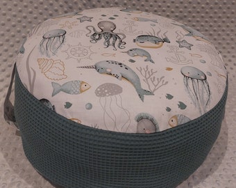 Coussin de sol pour enfants - Coussin de siège rond. KITA / Coussin de siège enfant / Montessori. Motif, baleine, poulpe, hippocampe, poisson, étoile de mer - tissu gaufré