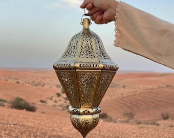 Large HANGING Moroccan Lantern/Candle Holder with brass/antique gold, riad style, artisanal shape
