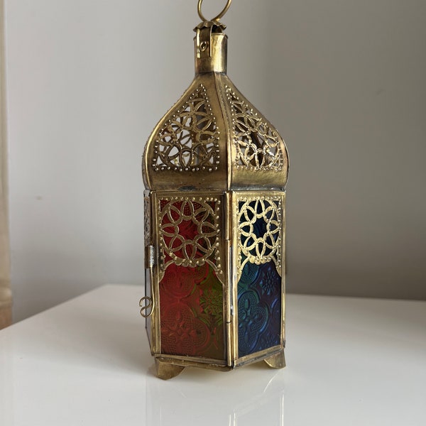 Moroccan candle lantern with brass and colorful glass, small size, handmade tealight candle holder