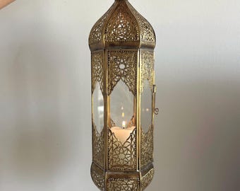 Large HANGING Moroccan Lantern/Candle Holder with CLEAR glass and brass/antique gold, elongated/long artisanal shape