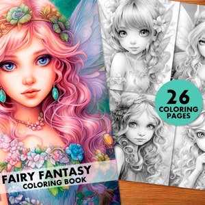 Fairy Fantasy Coloring Pages, for Adults and Kids, Instant Download, Grayscale Coloring Book, Printable PDF, Fairytale coloring